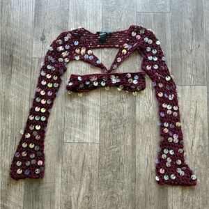 Finesse Burgundy Sequin Crochet Crop Top
